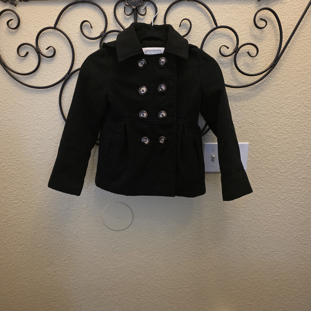 London Fog Black Kids  Double Breasted Hooded Pea Coat Size 7/8